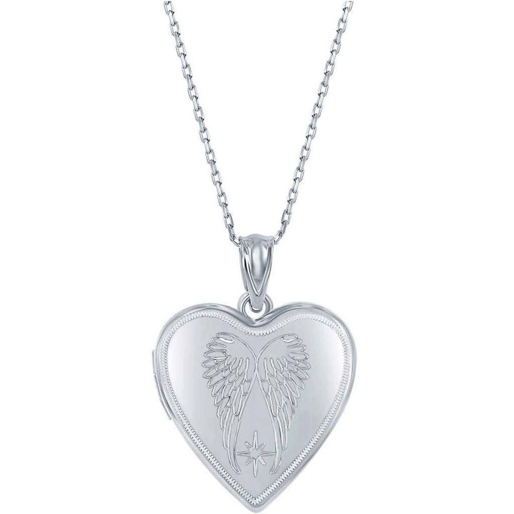 Classic Women's Pendant and Locket Set - Sterling Silver Angel Wings Heart | J-2752
