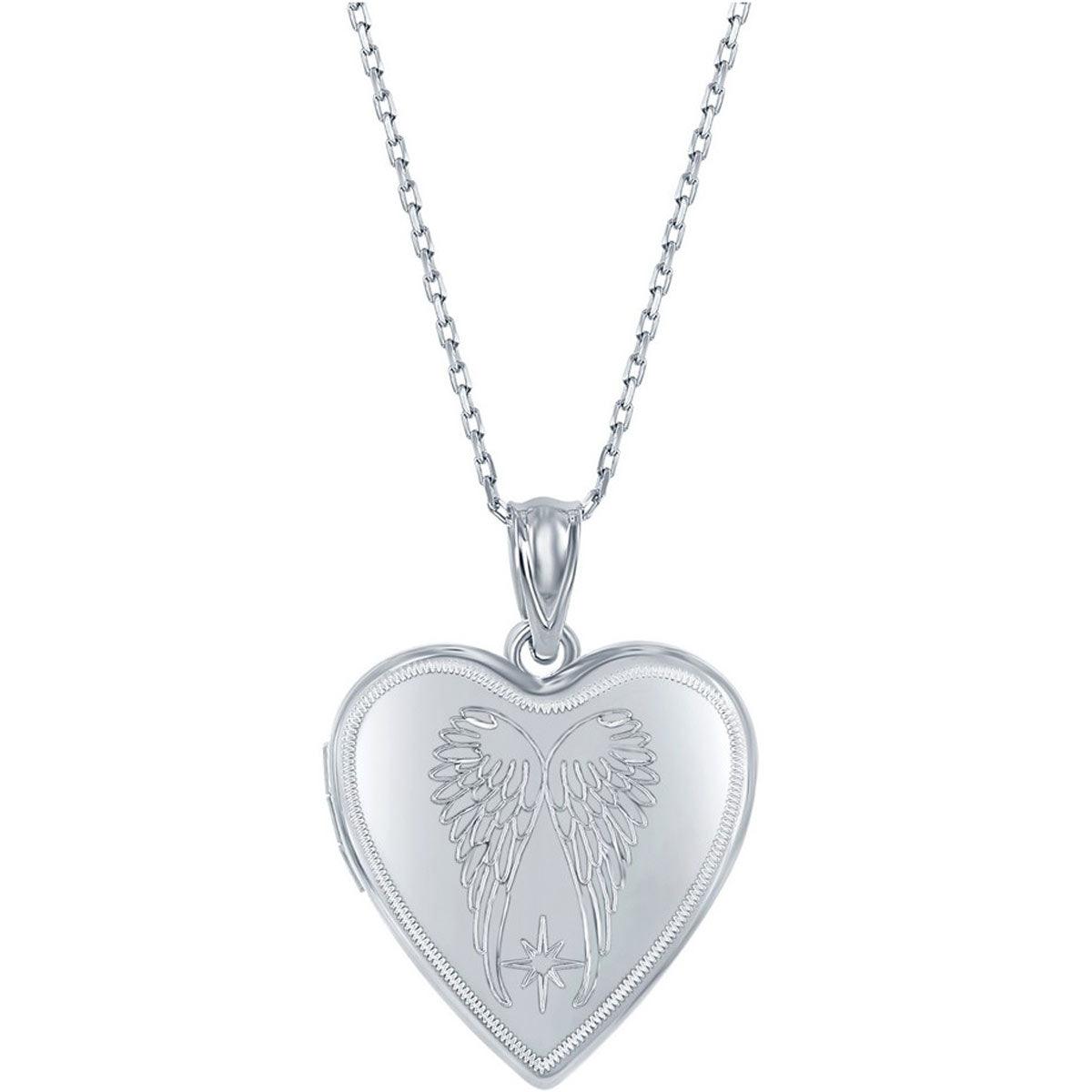 Classic Women's Pendant and Locket Set - Sterling Silver Angel Wings Heart | J-2752