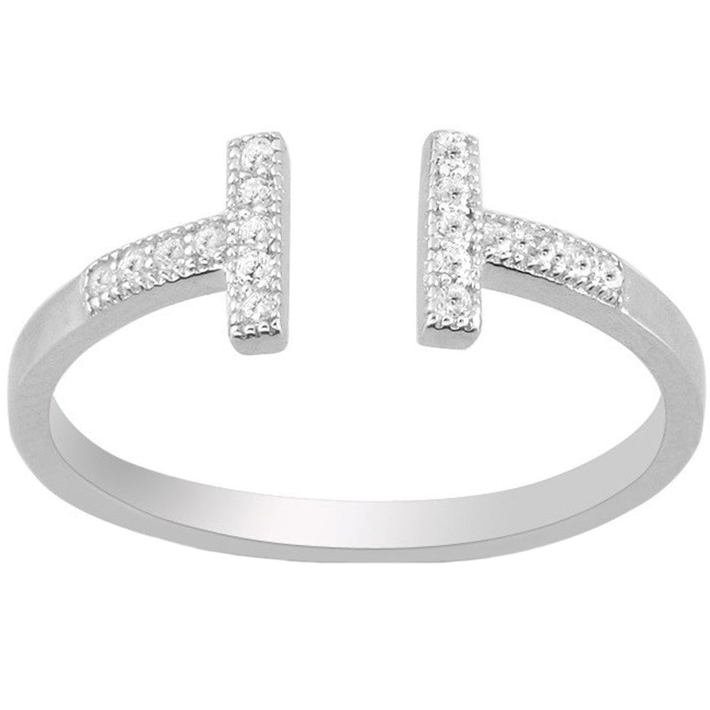 Classic Women's Silver Double T White CZ Ring - W-1262