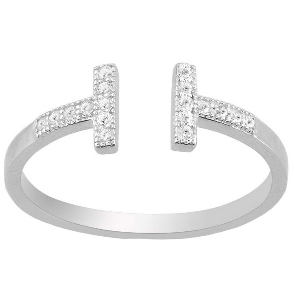 Classic Women's Silver Double T White CZ Ring - W-1262