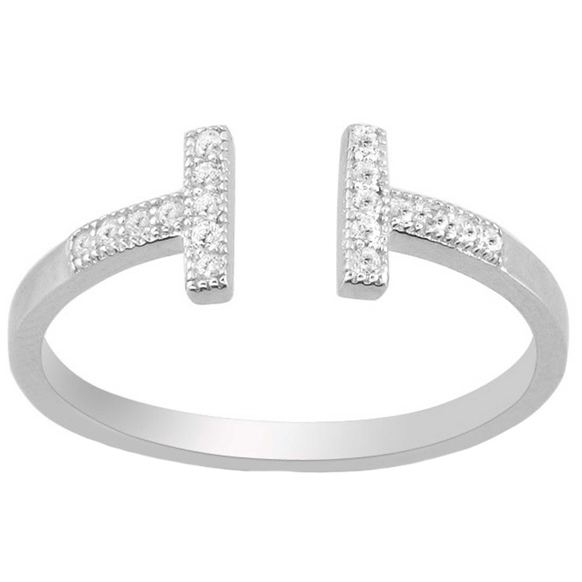 Classic Women's Silver Double T White CZ Ring - W-1262