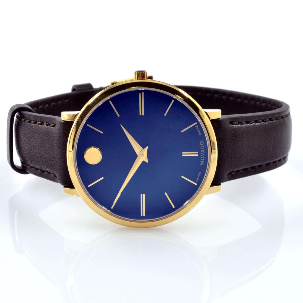 Movado 0607092 Women's Ultra Slim Swiss Yellow Gold Steel Chocolate Brown Strap Blue Dial Watch