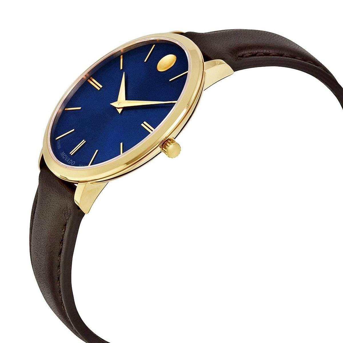 Movado 0607092 Women's Ultra Slim Swiss Yellow Gold Steel Chocolate Brown Strap Blue Dial Watch