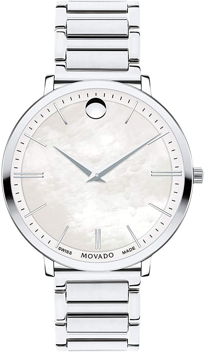Movado 0607170 Women's Ultra Slim Black Leather Strap Black Dial Swiss Quartz Watch