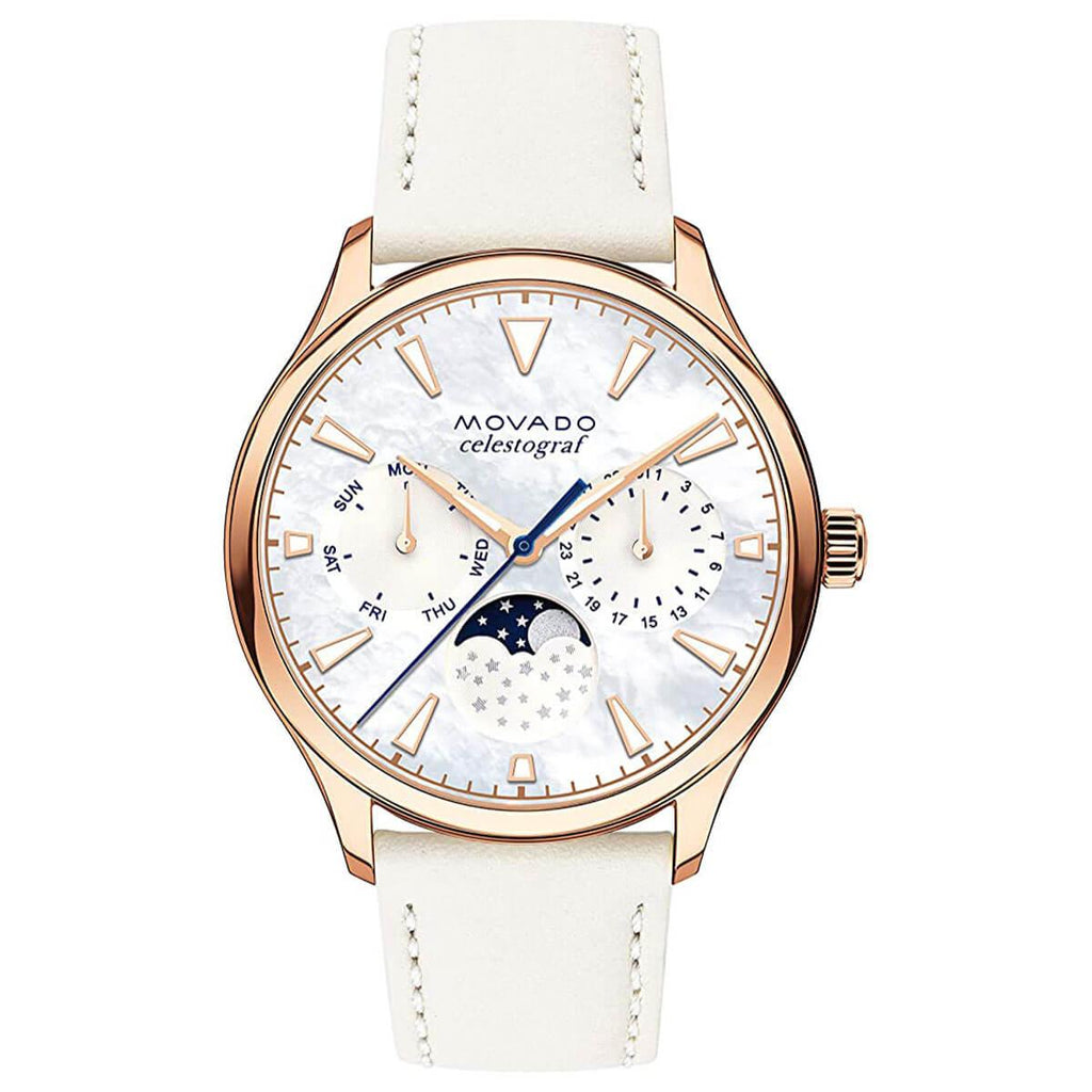 Movado Women's Moon Phase Watch - Heritage MOP Dial White Leather Strap | 3650073