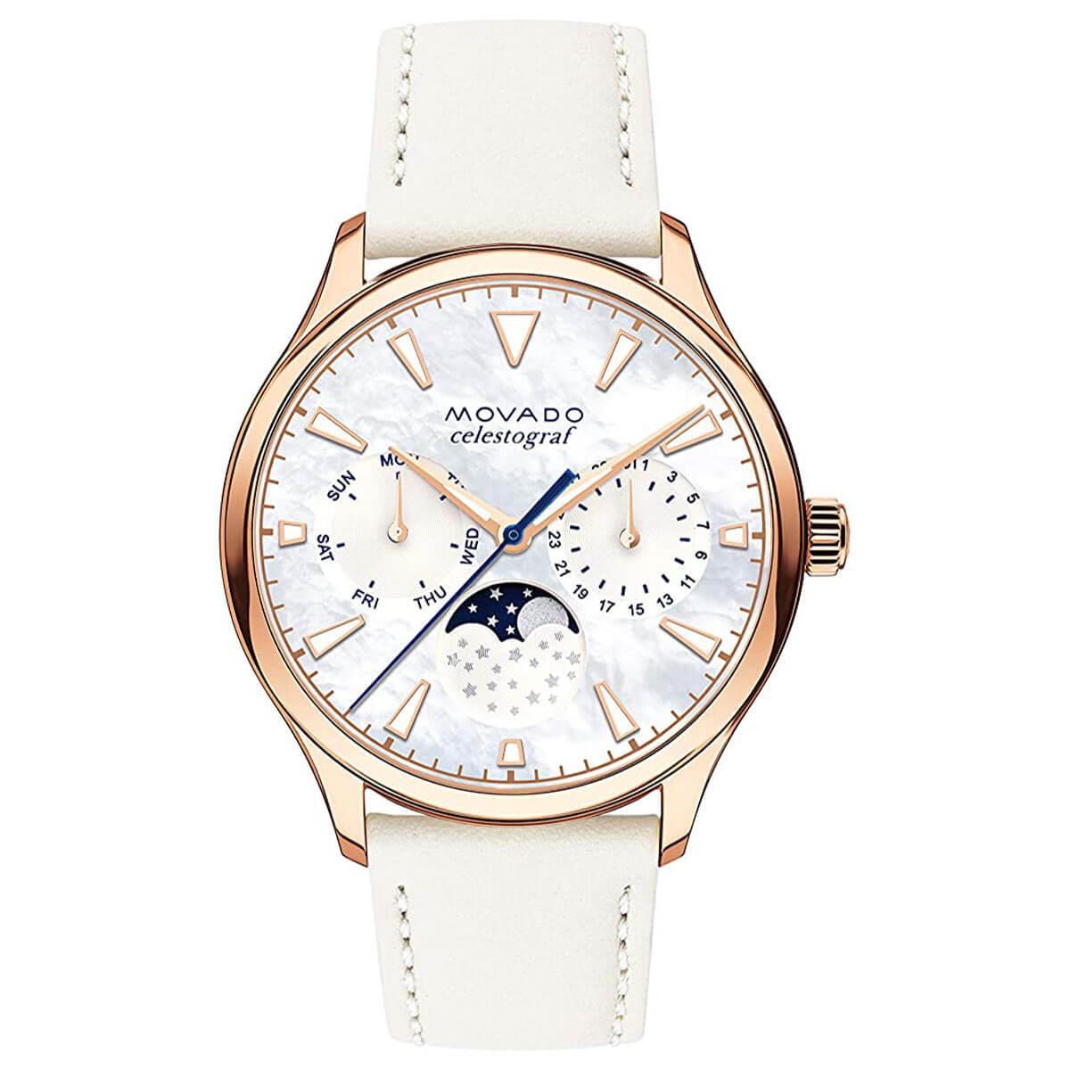 Movado Women's Moon Phase Watch - Heritage MOP Dial White Leather Strap | 3650073
