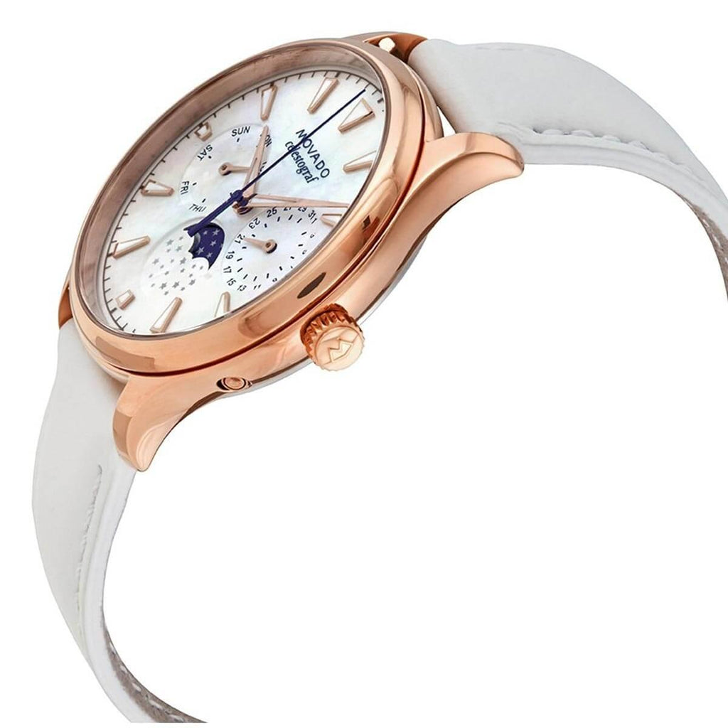 Movado Women's Moon Phase Watch - Heritage MOP Dial White Leather Strap | 3650073