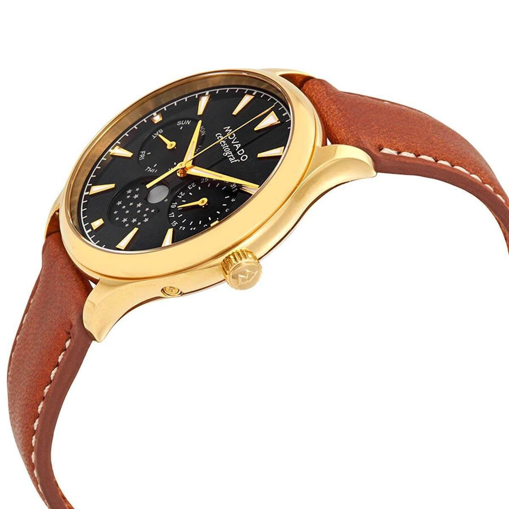 Movado Women's Moonphase Watch - Heritage Navy Yellow Gold Case Brown Strap | 3650010