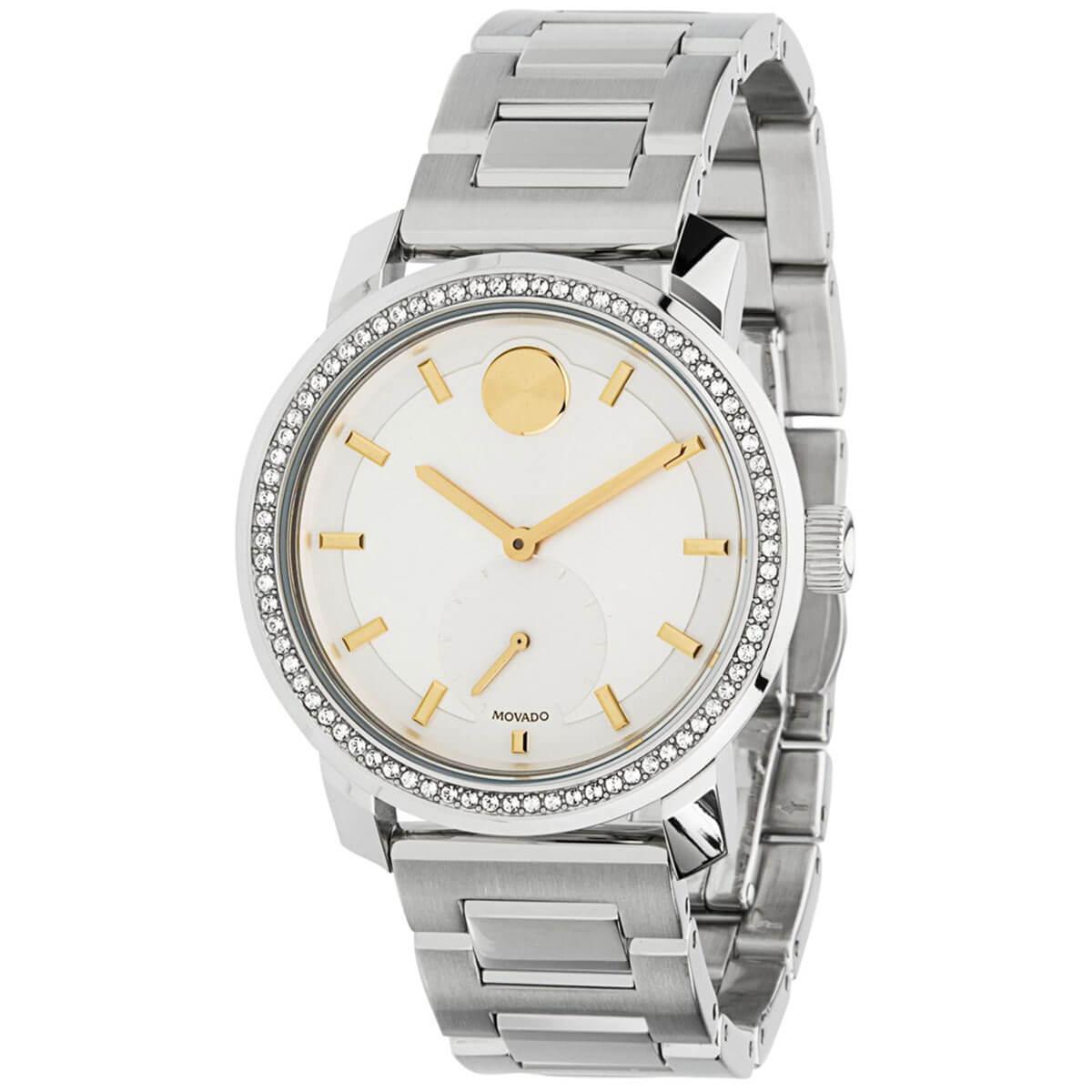 Movado Women's Quartz Watch - Bold Crystal Bezel Silver Tone Dial Bracelet | 3600617