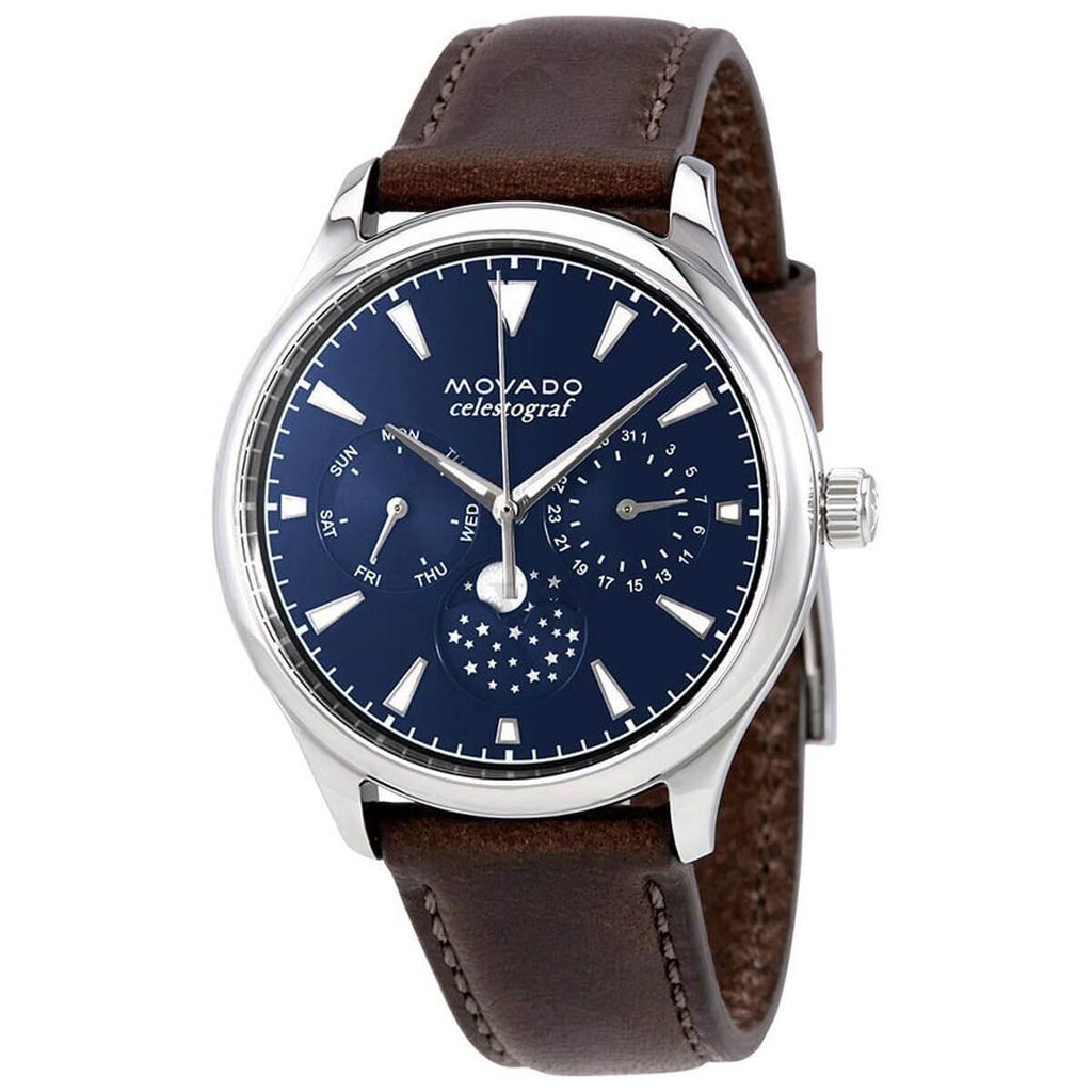 Movado Women's Quartz Watch - Heritage Moonphase Navy Blue Dial Brown Strap | 3650009