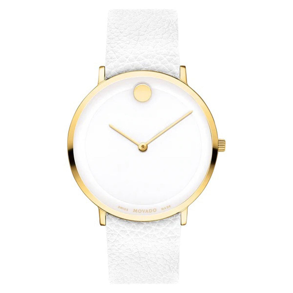 Movado Women's Quartz Watch - Modern 47 Yellow Gold Case White Leather Strap | 0607508