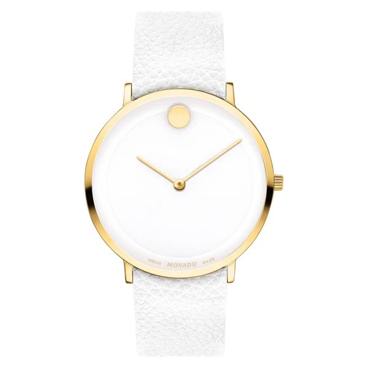 Movado Women's Quartz Watch - Modern 47 Yellow Gold Case White Leather Strap | 0607508