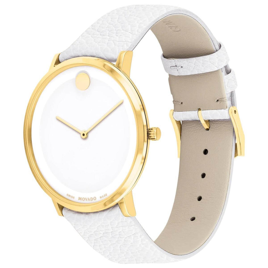 Movado Women's Quartz Watch - Modern 47 Yellow Gold Case White Leather Strap | 0607508