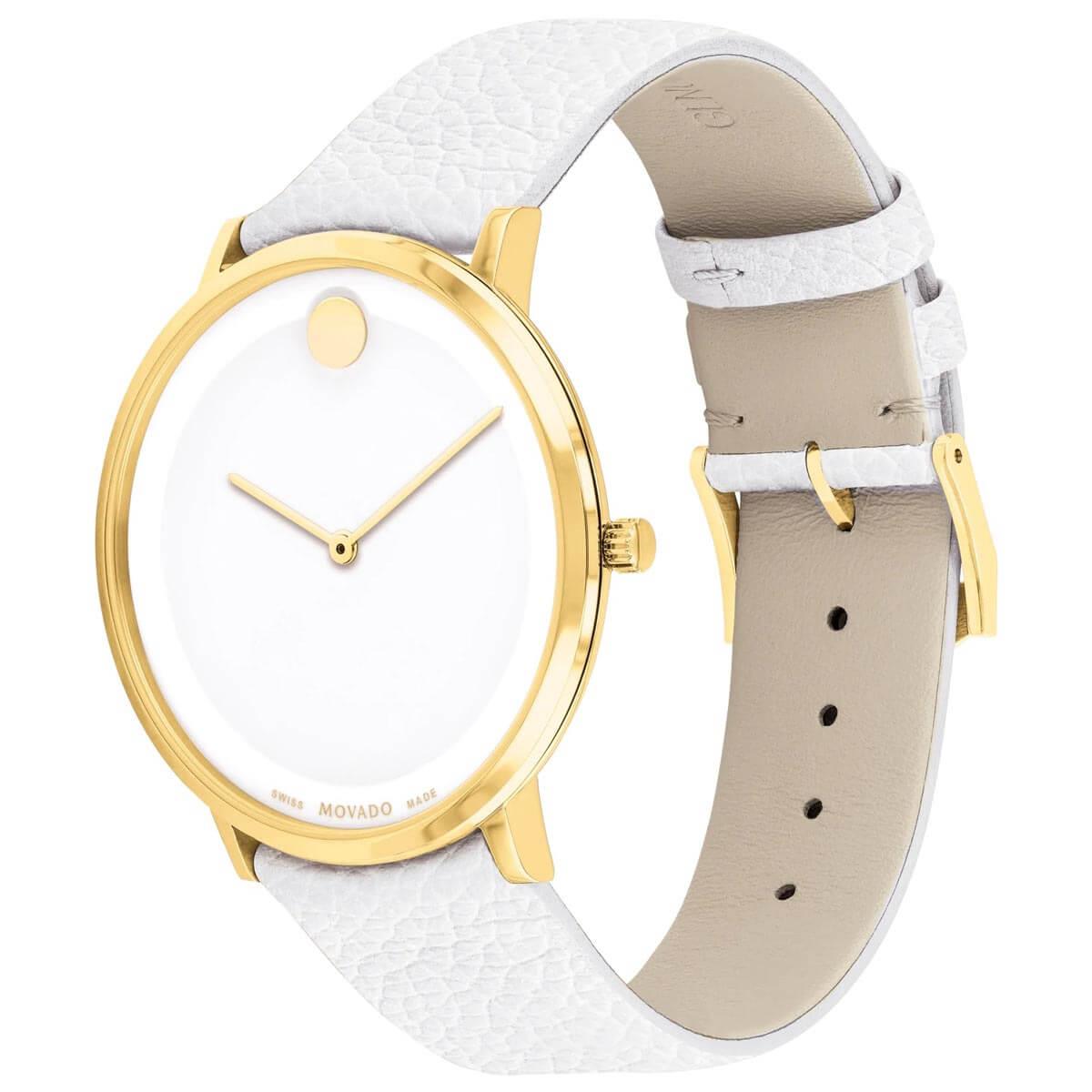 Movado Women's Quartz Watch - Modern 47 Yellow Gold Case White Leather Strap | 0607508