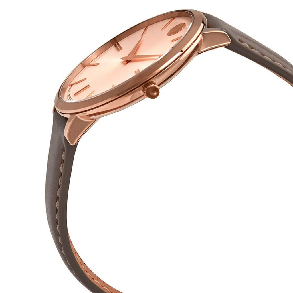 Movado Women's Quartz Watch - Ultra Slim Rose Gold Case Grey Leather Strap | 0607374
