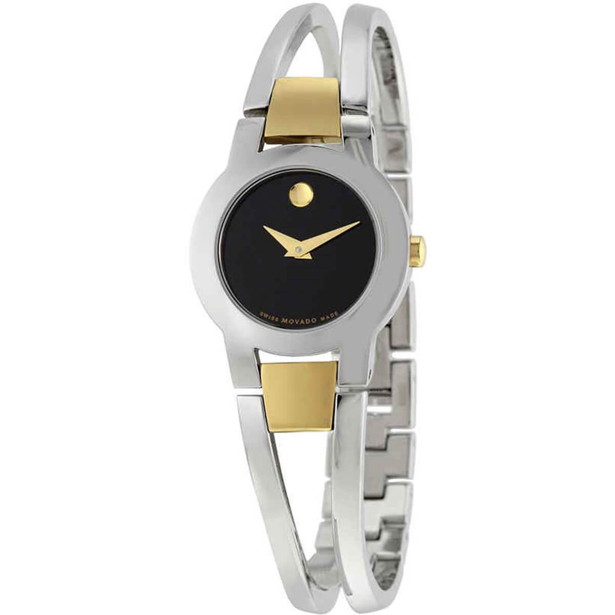 Movado Women's Watch - Amorosa Two Tone Stainless Steel Bracelet Black Dial | 0606893