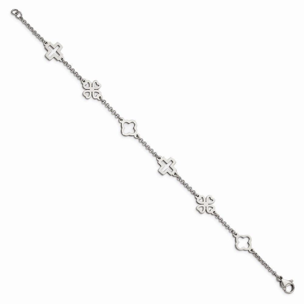 Stainless Steel Cross & Clovers Bracelet