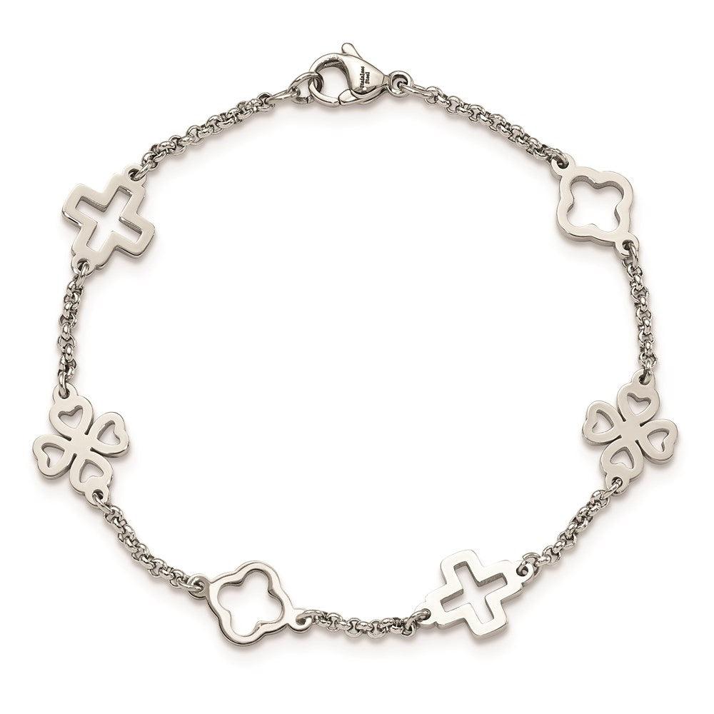 Stainless Steel Cross & Clovers Bracelet