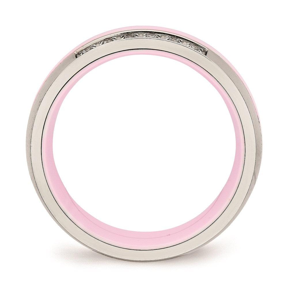 Stainless Steel Polished Pink Ceramic CZ Ring