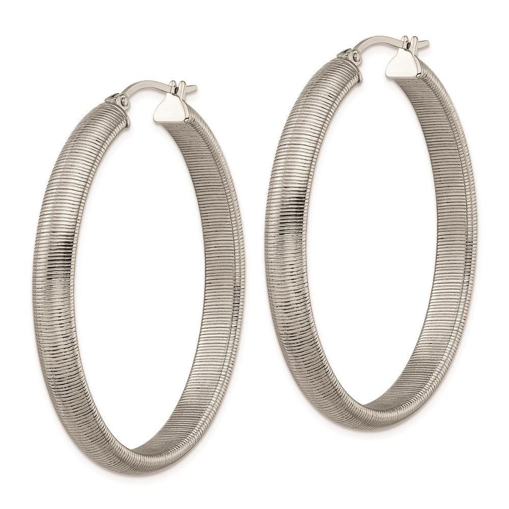 Stainless Steel Polished Textured Oval Hoop Earrings