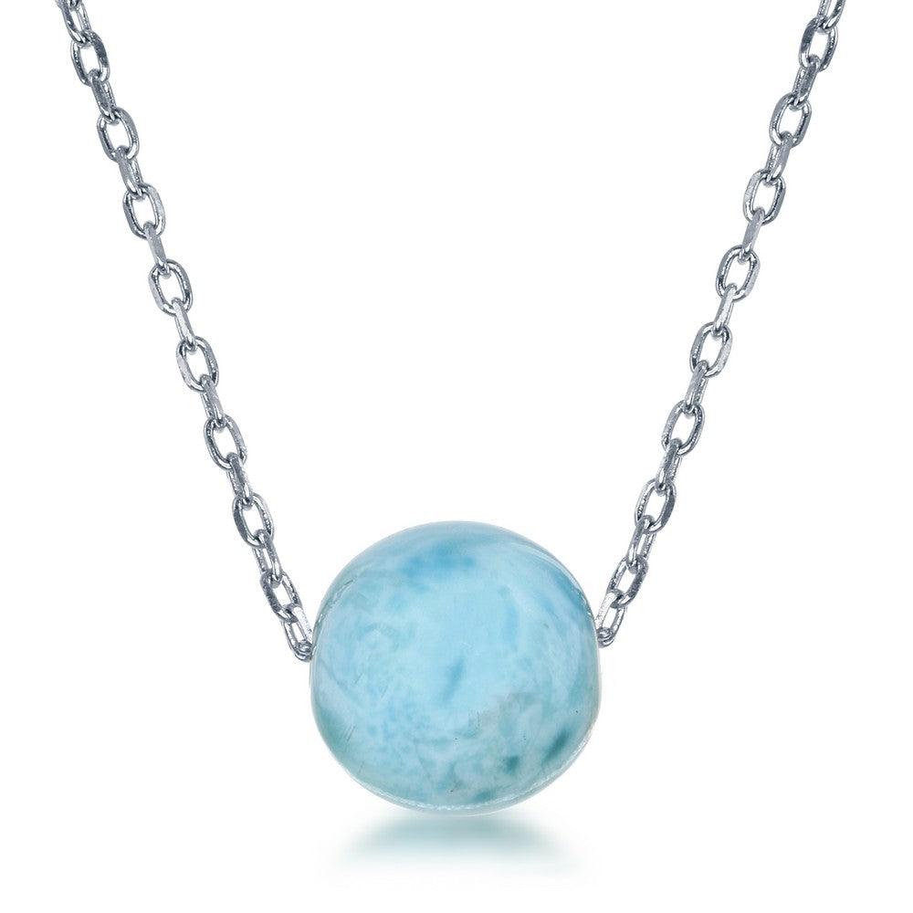 Sterling Silver 10MM Round Larimar Bead Necklace