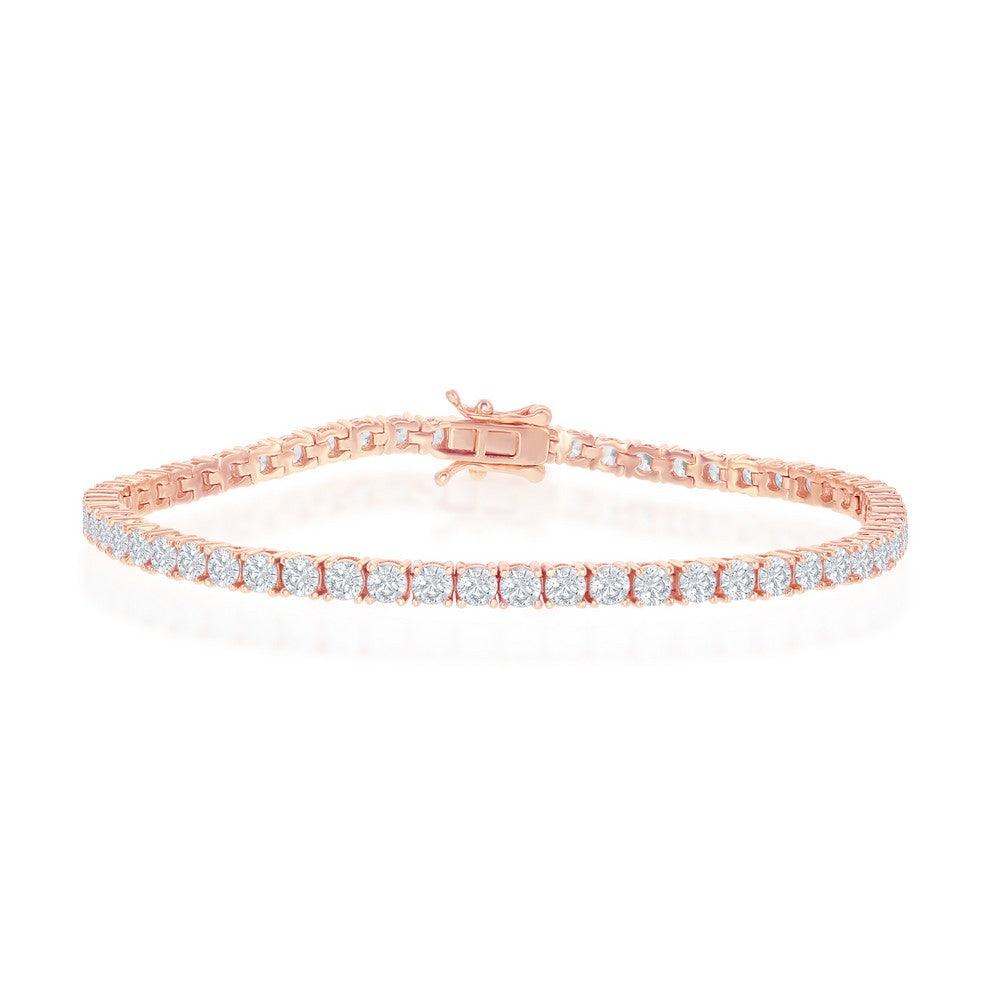 Sterling Silver 3mm Prong-Set Round CZ Tennis Bracelet - Rose Gold Plated
