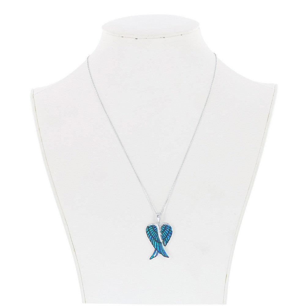 Sterling Silver Blue Inlay Opal Angel Wings Pendant