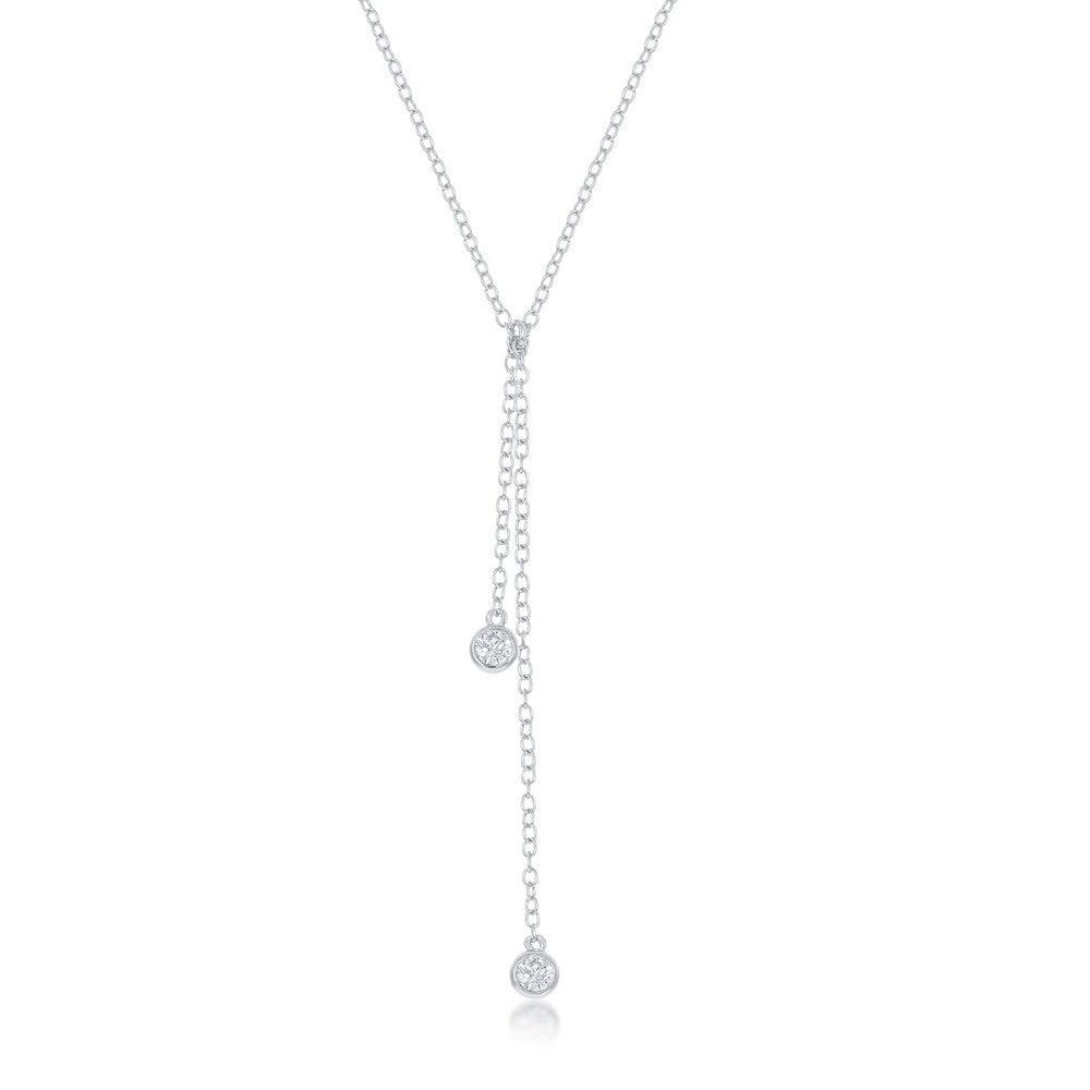 Sterling Silver Double Bezel-Set CZ Dangling Lariat Necklace