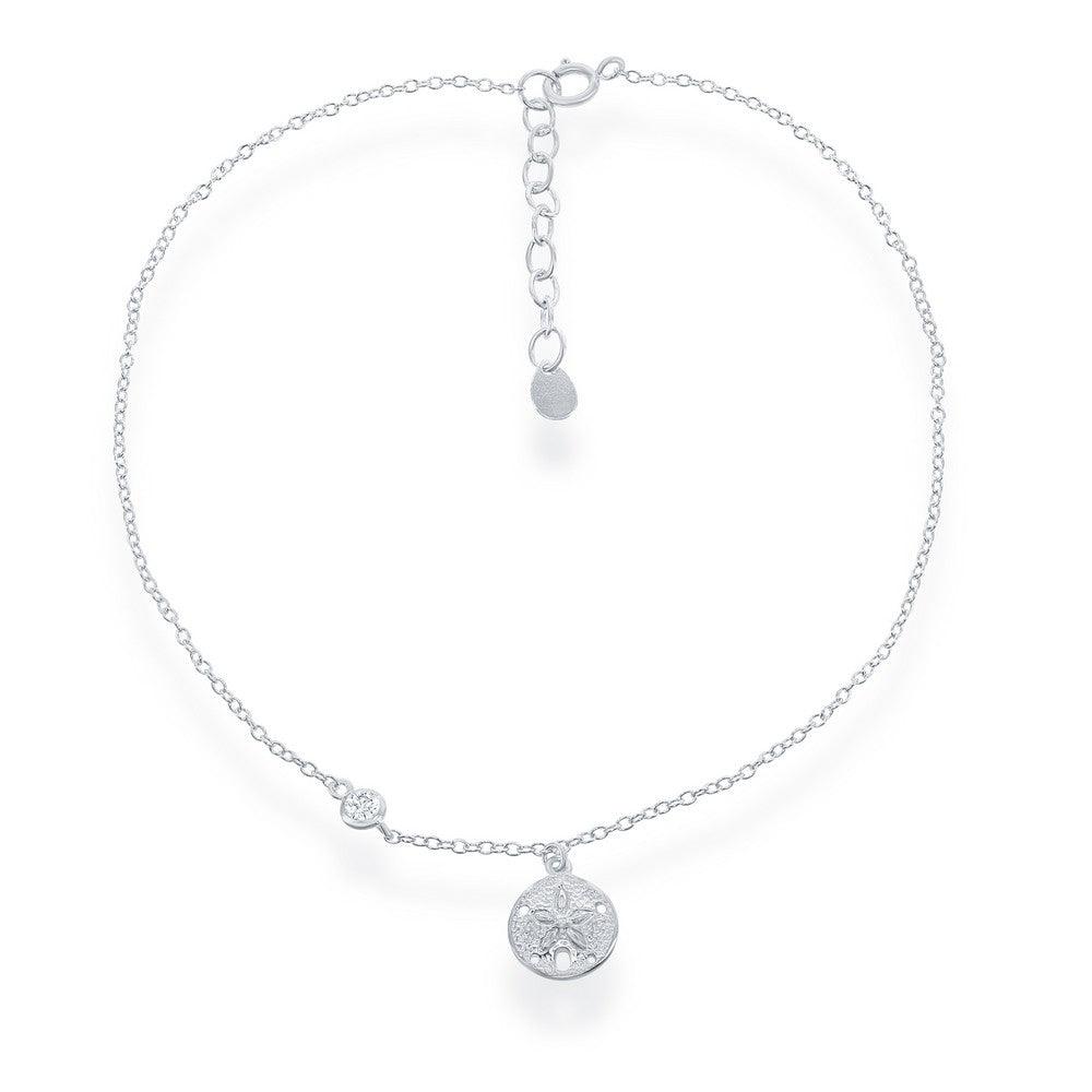 Sterling Silver Sand Dollar with Single CZ Anklet
