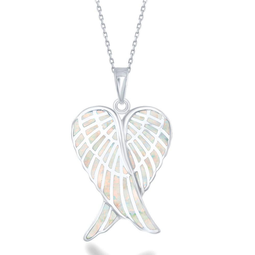 Sterling Silver White Inlay Angel Wings Pendant