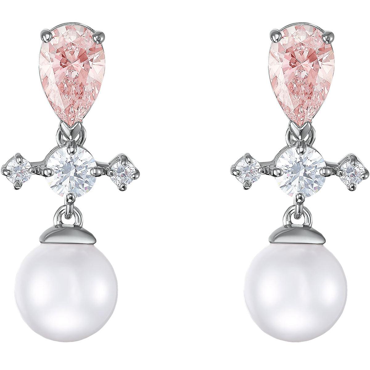 Swarovski Women's Drop Earrings - Perfection Pierced Pearl Rhodium Plated | 5516592