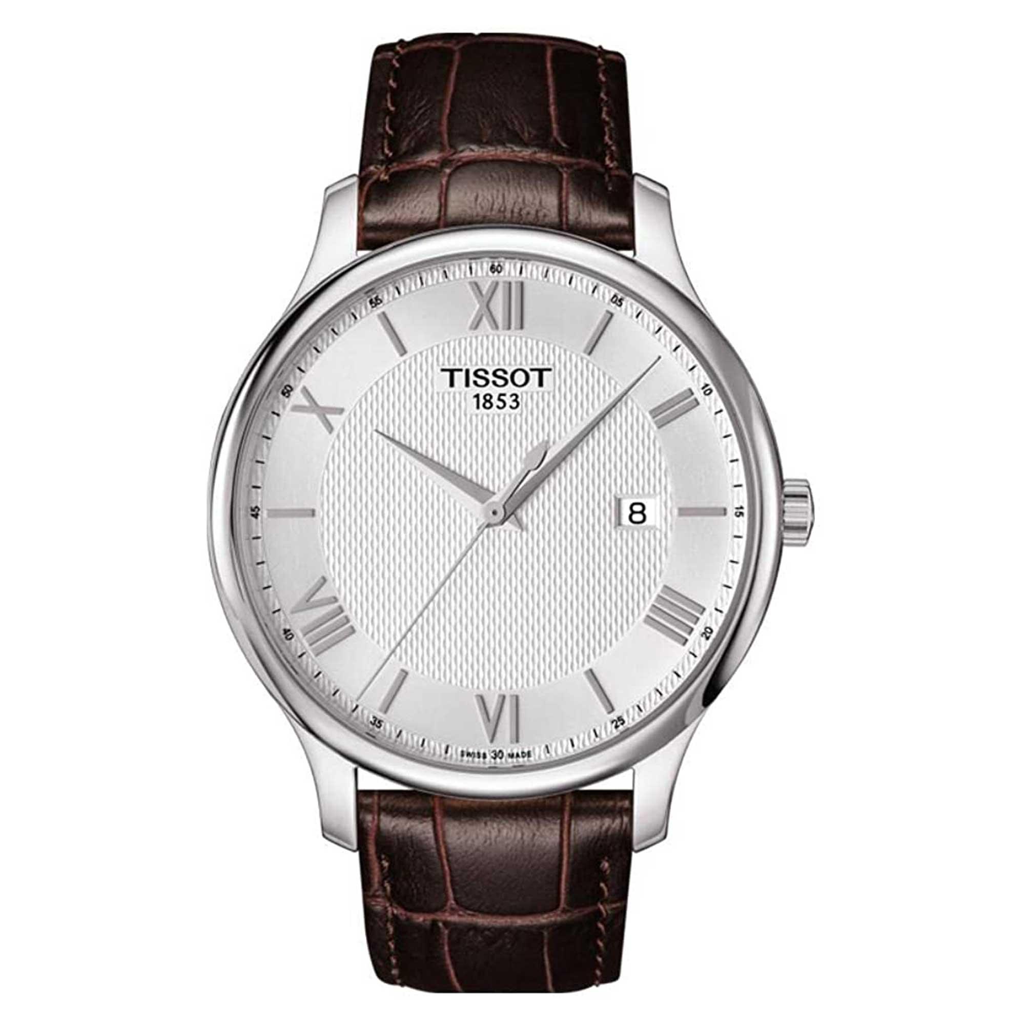 Tissot Men's Watch - Tradition Silver Tone Dial Brown Leather Strap | T0636101603800
